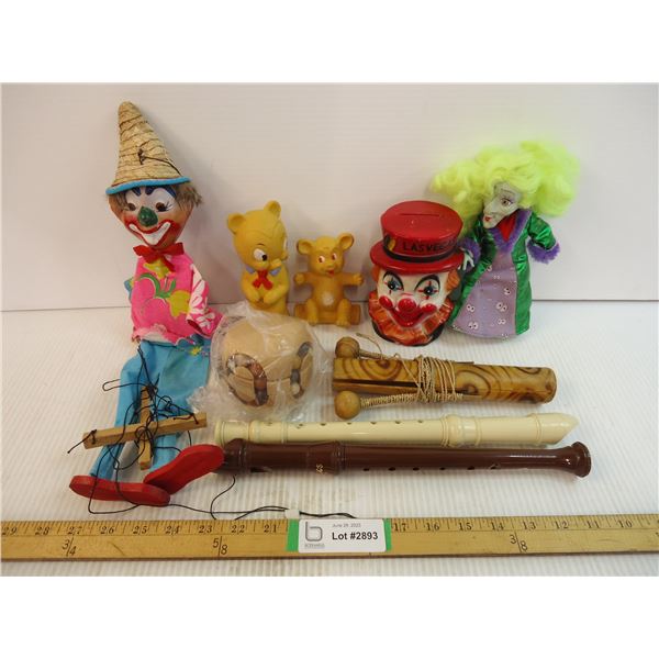 Assorted Vintage Toys-Clowns, Rubber<Wooden,(2) Recorders