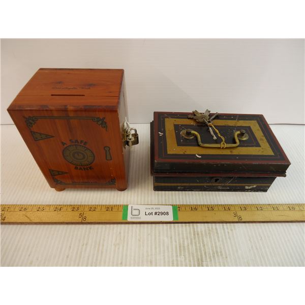 Wooden Safe Box and Antique Cash Box (both have keys)