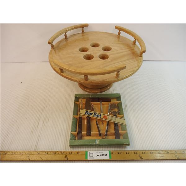 Wooden Lazy Susan with Mug Hooks and Corkscrew/Bottle Opener Bar Set