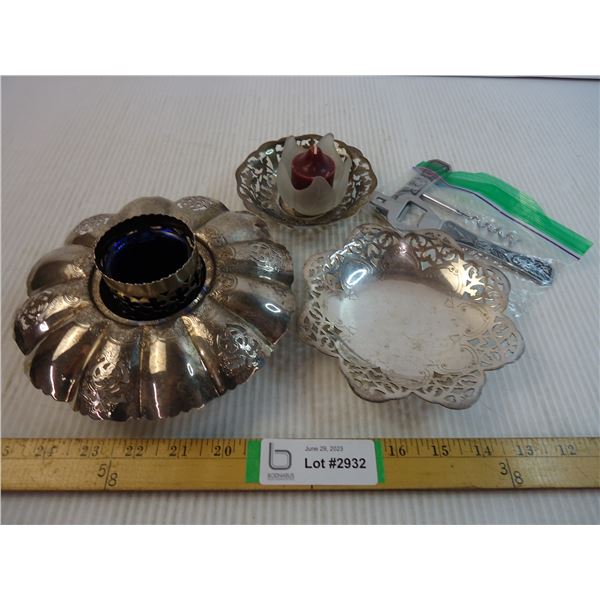 Ornate Silver Plated Lot/Bottle Opener&Corkscrew/Partylite Tulip Candle Holder&Votive