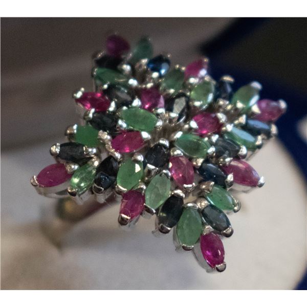 BZ511-83 SILVER SAPPHIRE EMERALD & RUBY RING