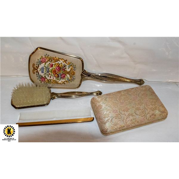 VINTAGE JEWELLERY BOX & VANITY SET- BRUSH, MIRROR