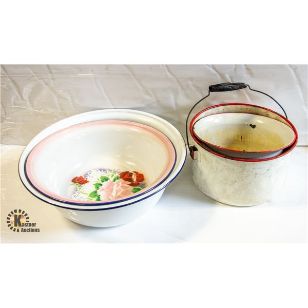 LARGE ENAMELED METAL BOWLS SET