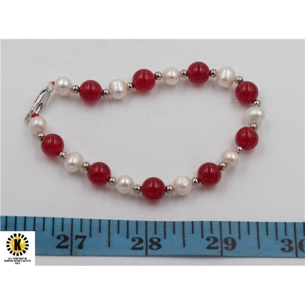 #214-FRESH WATER PEARL & RED  JADE BRACELET 7.5"