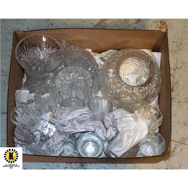 CRYSTAL SERVING WARE- BOX LOT ASSORTED