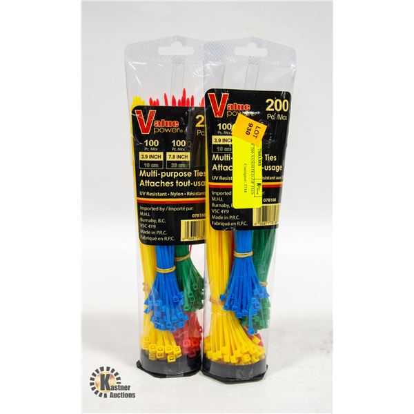 2 PACKS OF 200 ASSORTED ZIP TIES