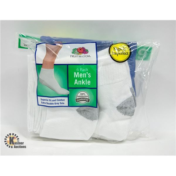 WHITE ANKLE SOCKS 12-16 SIZE 6-PACK FRUIT