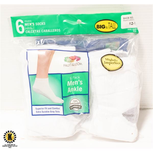 ANKLE WHITE SOCKS,SIZE 12-16,6-PACK,FRUIT OF THE