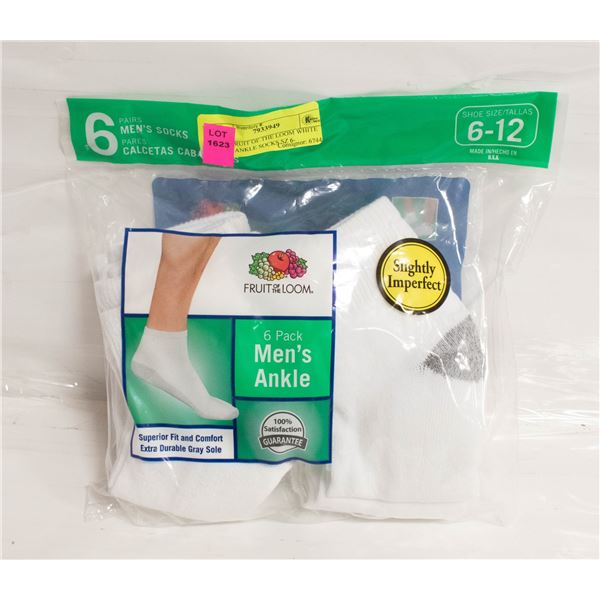 NEW FRUIT OF THE LOOM WHITE MENS ANKLE SOCKS SZ 6-