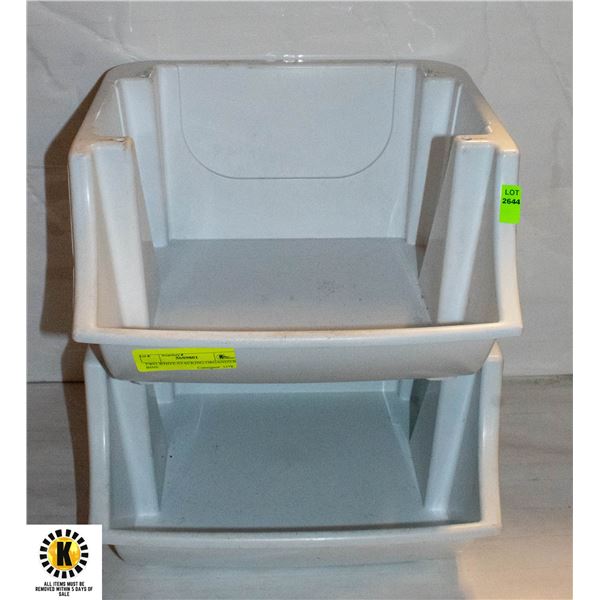 TWO WHITE STACKING ORGANIZER BINS