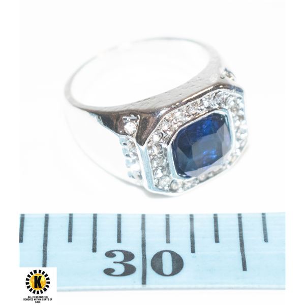 MENS SQUARE CUT BLUE SAPPHIRE COLORED CENTER