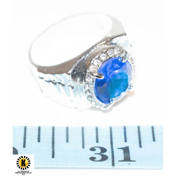 MENS OVAL BLUE SAPPHIRE COLORED CENTER WITH