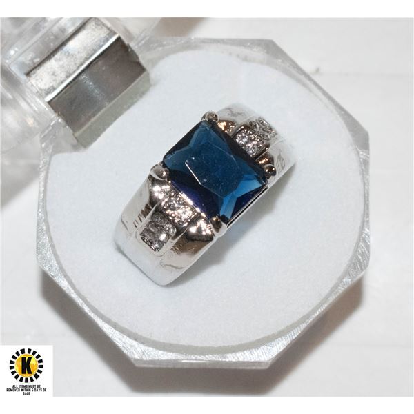 MENS EMERALD CUT BLUE SAPPHIRE COLORED CENTER