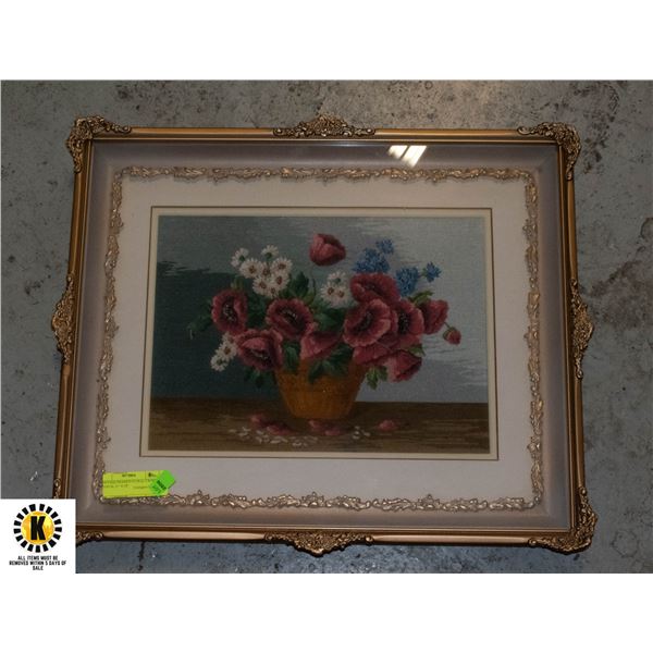 VINTAGE FRAMED FLORAL CROSS STITCH- 21" X 18"