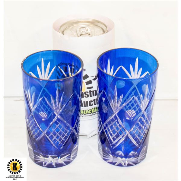 PAIR OF VINTAGE BOHEMIAN CUT GLASS BLUE JUICE