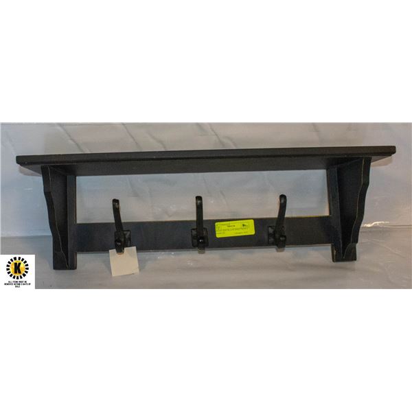 BRAND NEW BLACK SHELF WITH 3 HOOKS 20”