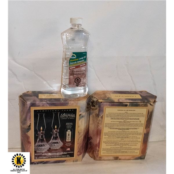 2 BOXES (TWIN OIL LAMPS) WITH LAMP OIL