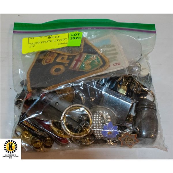 BAG OF ESTATE KEY CHAINS PINS ETC