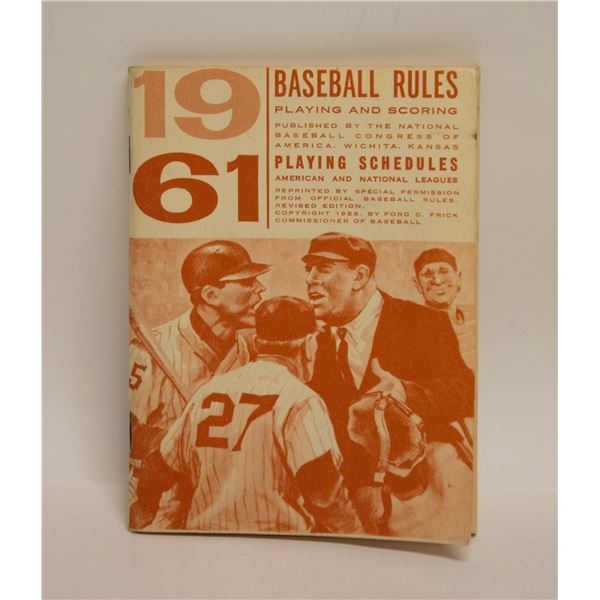 1961 BASEBALL OFFICIAL RULE BOOK