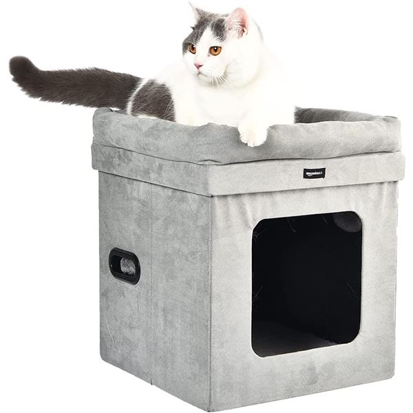 NEW AMZ BASICS COLLAPSIBLE CAT HOUSE BOX, GREY