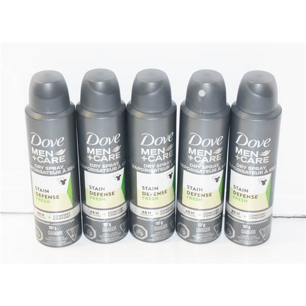 NEW BAG OF 5 DOVE MEN +CARE DRY SPRAY 107G BOTTLES