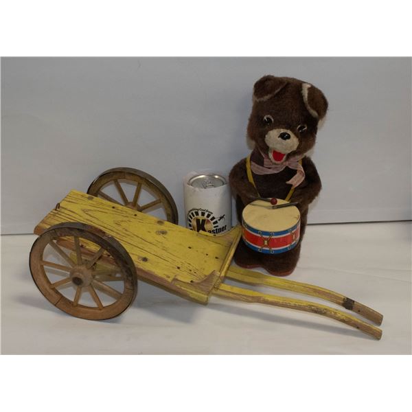 ANTIQUE TOY DRUMMING BEAR AND WOODEN WAGON