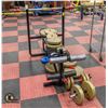 Image 1 : YORK LIFTING BAR + BENCH + 21 ASSORTED WEIGHTS