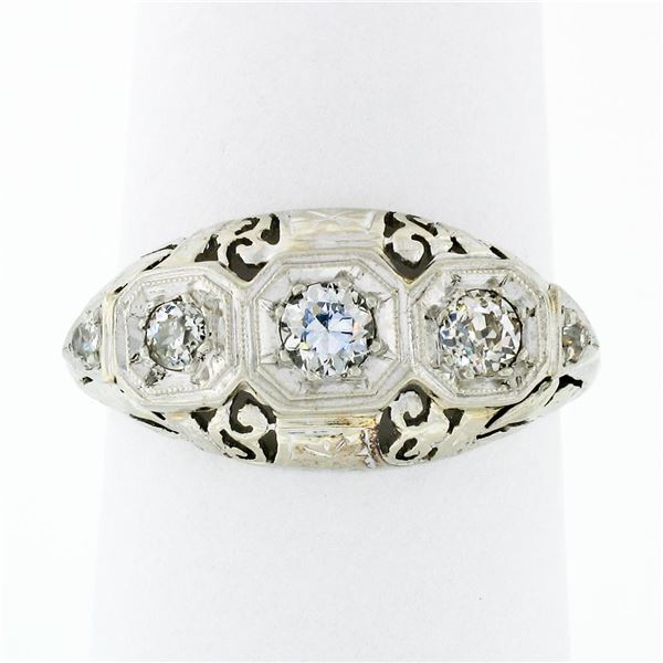Antique Art Deco 18k White Gold 0.50 ctw Old European Diamond Filigree Band Ring