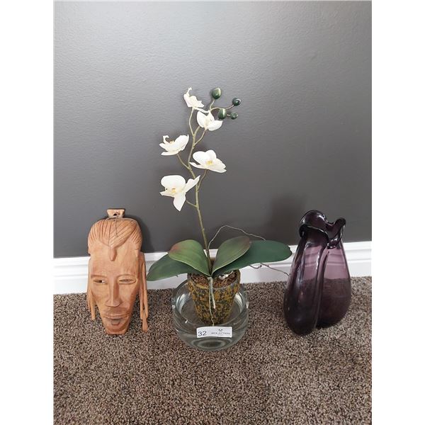 Wood Carved Japanese Mask - 5W x 10.5H  With Purple Vase And Fake Moth Orchid