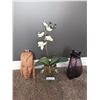 Image 1 : Wood Carved Japanese Mask - 5W x 10.5H  With Purple Vase And Fake Moth Orchid