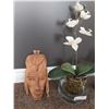 Image 3 : Wood Carved Japanese Mask - 5W x 10.5H  With Purple Vase And Fake Moth Orchid