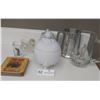 Image 1 : Pewter Glass (Golf Themed) With Two Fancy Jars And Glass Bird With Coasters