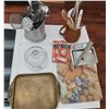 Image 1 : Crum Sweeper, Glass Cutting Boards, Butter Dish, Brass Tray, And Kitchen Utensils