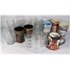 BOX OF ASSORTED GLASSWARE, MUGS