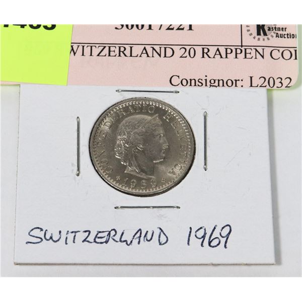 1969 SWITZERLAND 20 RAPPEN COIN