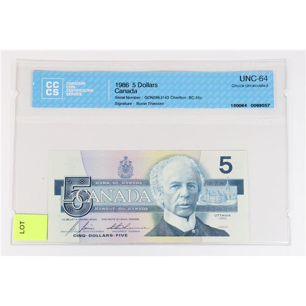 1986 CANADIAN 5 DOLLAR BANK NOTE GRADED UNC 64 1986-canadian-5-dollar-bank-note-graded-unc-64