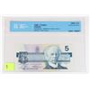 Image 1 : 1986 CANADIAN 5 DOLLAR BANK NOTE GRADED UNC-64