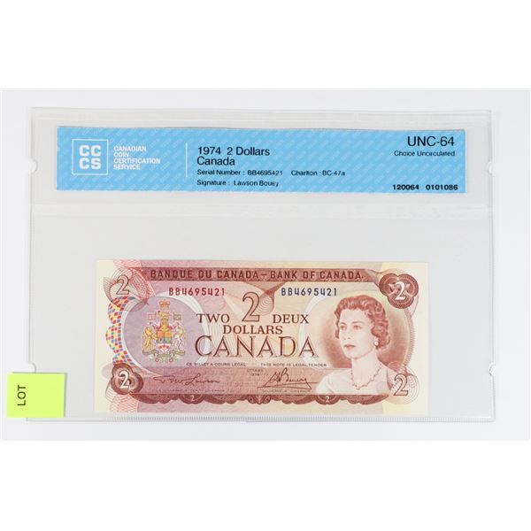 1974 CANADIAN 2 DOLLAR BANK NOTE GRADED UNC-64