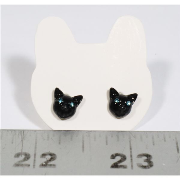 NEW RHINESTONE EYED BLACK CAT STUD EARRINGS