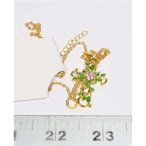 NEW GOLD TONE LEAF DESIGN CROSS WITH CHAIN.