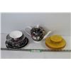 Image 1 : Orange Slice Glass Plates (missing one foot) - Cashmere Tea Pot & Dishes
