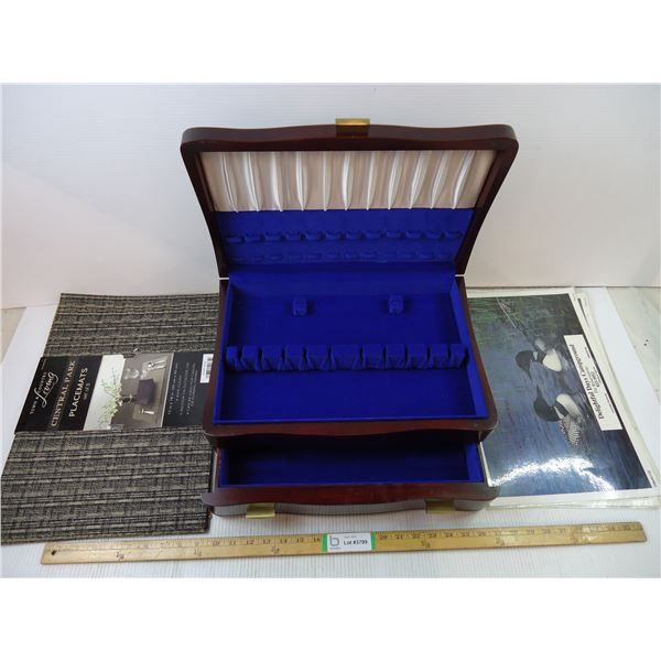 Vintage Wooden Silverware Flatware Blue Interior Chest Storage Box Case, Set of (8) Placemats and (4