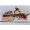 Image 1 : Broken Birch Bark Canoe - Knitted Mouse - Ceramic Rose Trinket Box - Jars - Fake Flowers