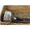 Image 2 : 14" x 26" Wicker Basket with Vintage Sock Stretchers and Kerosine Lamp