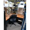 Image 1 : CHERRY L-SHAPE SINGLE PEDESTAL DESK, MOBILE OFFICE CHAIR, BLACK 2 DOOR CABINET, WOOD GRAIN 3 DRAWER