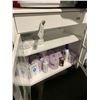 Image 2 : WHITE GLASS FRONT 2 DRAWER 2 DOOR STORAGE CABINET WITH ASSORTED SPA CONTENTS