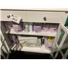 Image 2 : WHITE GLASS FRONT 2 DRAWER 2 DOOR STORAGE CABINET WITH ASSORTED SPA CONTENTS