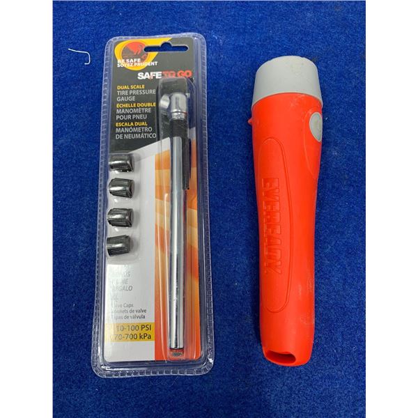 Dual Scale Tire Pressure Gauge and Emergency Flashlight
