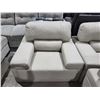 Image 2 : Grey Contemporary Stitch Leather Love Seat & Matching Chair, Floor Model