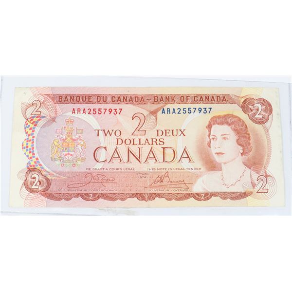 #93 1974 $2 TWO DOLLARS CANADA PAPER MONEY BILL